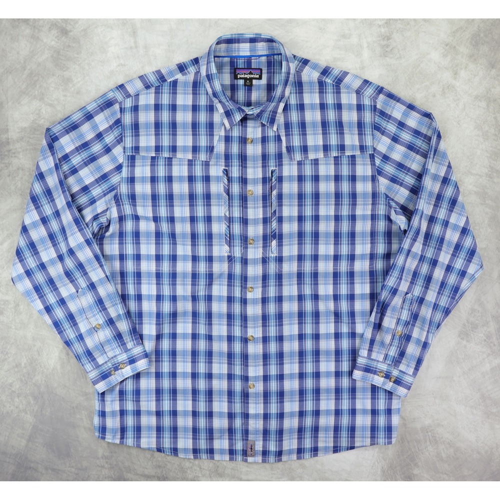 Patagonia Sun Stretch Shirt Mens XL Blue Plaid Long Sleeve Fishing Fly 52196